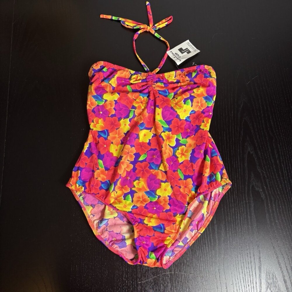 Vintage 90s Womens L (Fits Small) One-Piece Halter Swimsuit Neon Floral Print